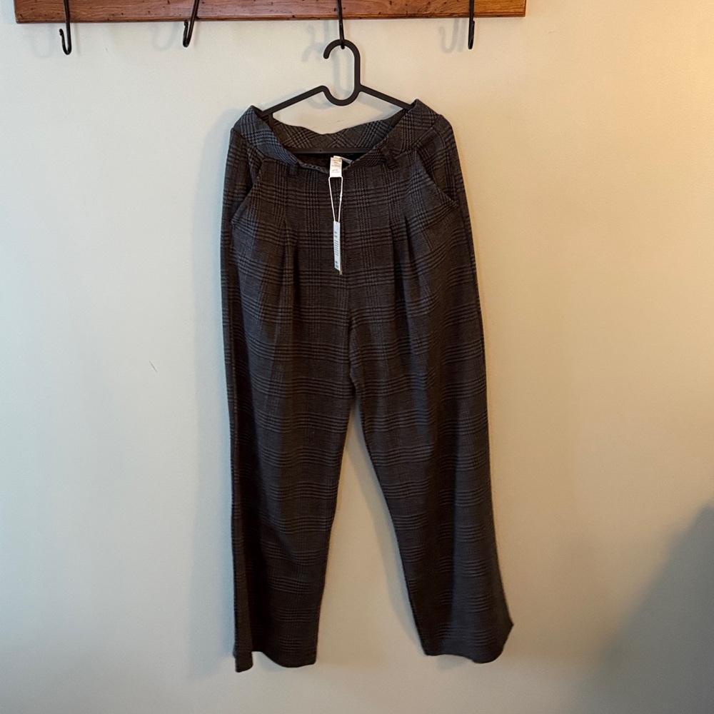 New Halara High Waist Wide Leg Pants Houndstooth Plaid Dark Grey